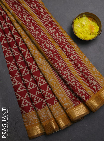 Semi maheshwari cotton saree maroon and mustard yellow with allover geometric prints and zari woven border
