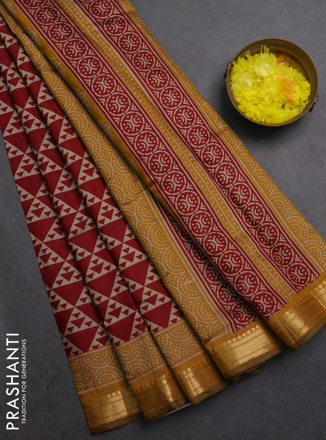 Semi maheshwari cotton saree maroon and mustard yellow with allover geometric prints and zari woven border