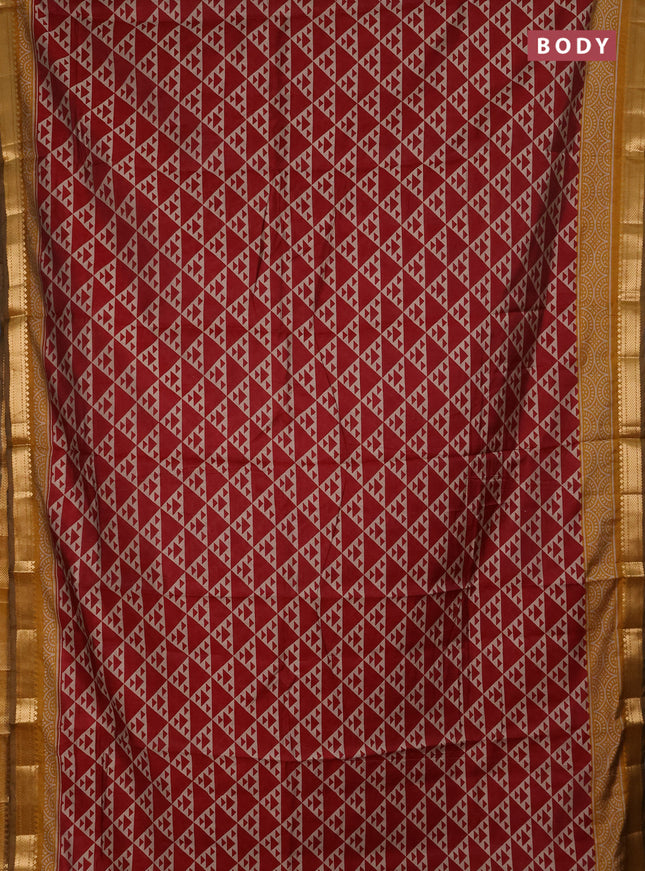 Semi maheshwari cotton saree maroon and mustard yellow with allover geometric prints and zari woven border
