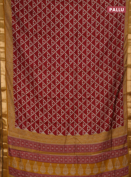 Semi maheshwari cotton saree maroon and mustard yellow with allover geometric prints and zari woven border