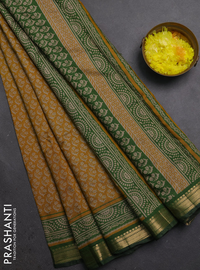 Semi maheshwari cotton saree mustard yellow and sap green with allover butta prints and zari woven border