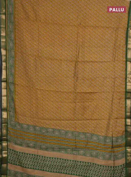 Semi maheshwari cotton saree mustard yellow and sap green with allover butta prints and zari woven border