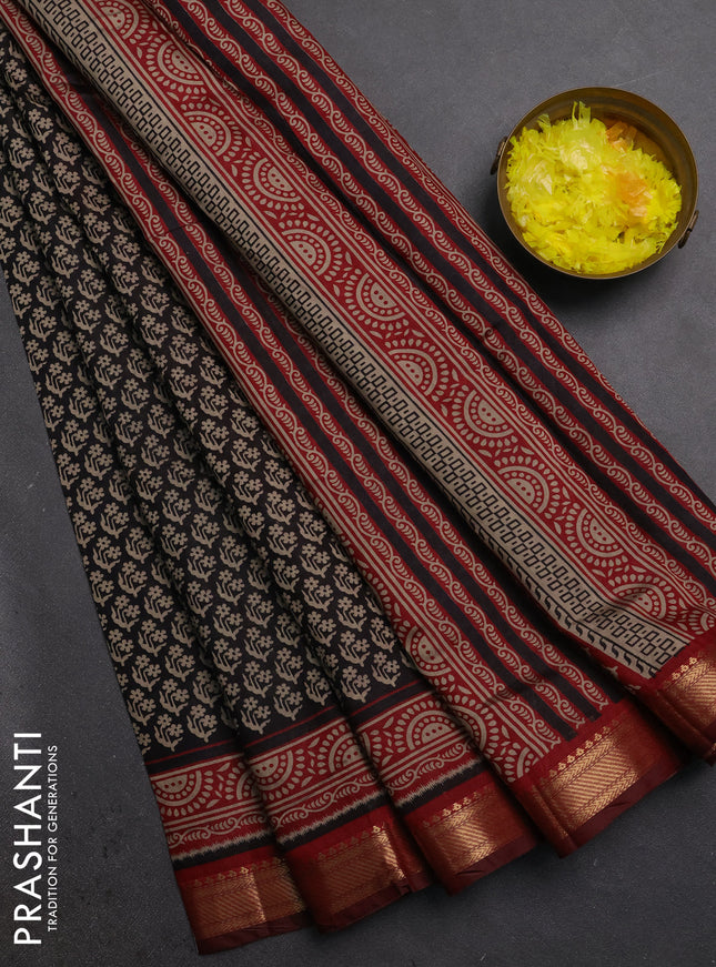 Semi maheshwari cotton saree black and maroon with allover butta prints and zari woven border