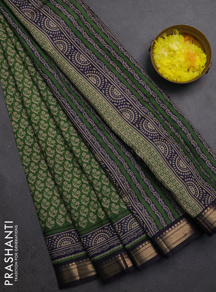 Semi maheshwari cotton saree green and navy blue with allover butta prints and zari woven border