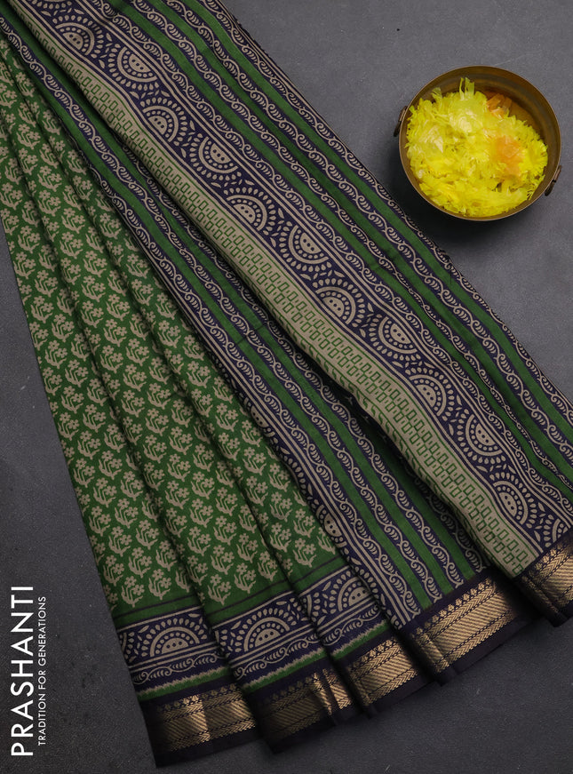 Semi maheshwari cotton saree green and navy blue with allover butta prints and zari woven border