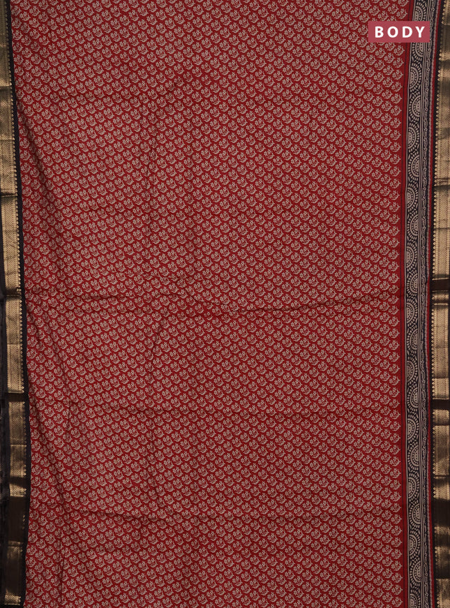 Semi maheshwari cotton saree maroon and black with allover butta prints and zari woven border