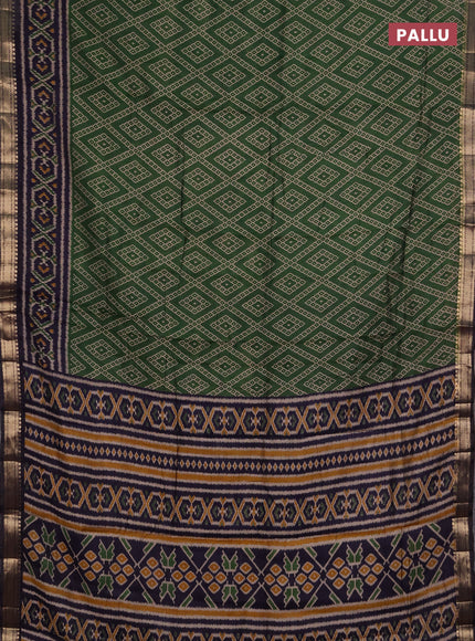 Semi maheshwari cotton saree green and navy blue with allover geometric prints and ikat zari woven border