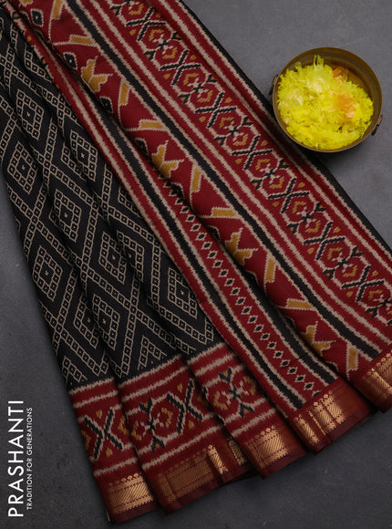Semi maheshwari cotton saree black and maroon with allover geometric prints and ikat zari woven border