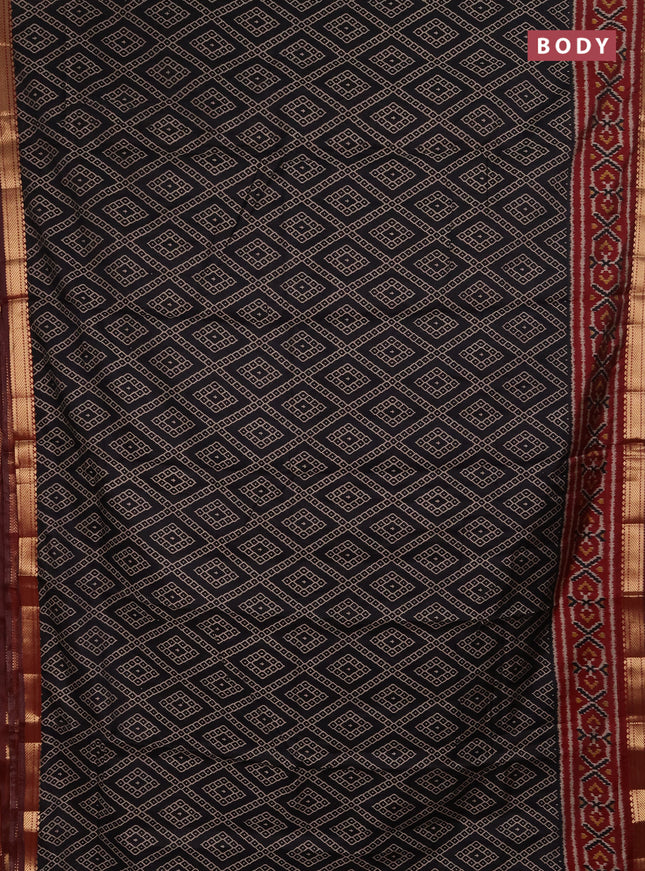 Semi maheshwari cotton saree black and maroon with allover geometric prints and ikat zari woven border