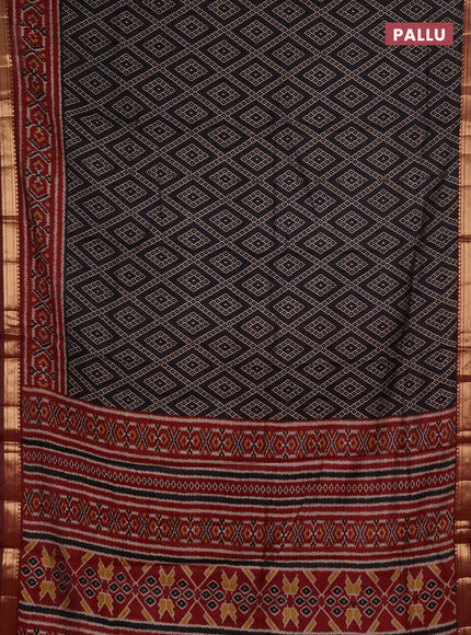 Semi maheshwari cotton saree black and maroon with allover geometric prints and ikat zari woven border