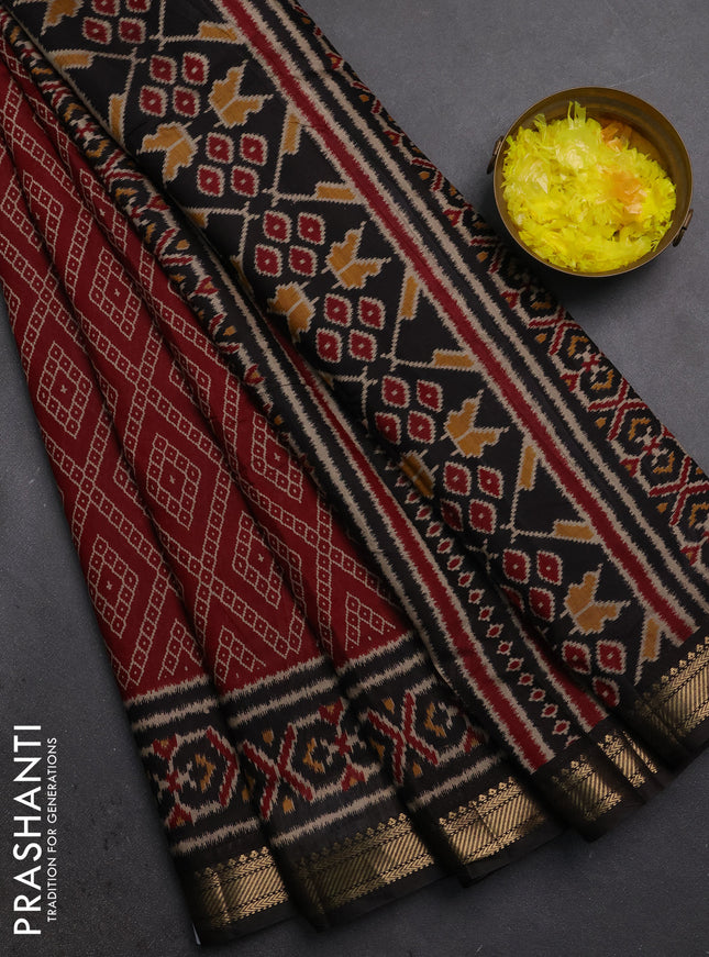 Semi maheshwari cotton saree maroon and black with allover geometric prints and ikat zari woven border