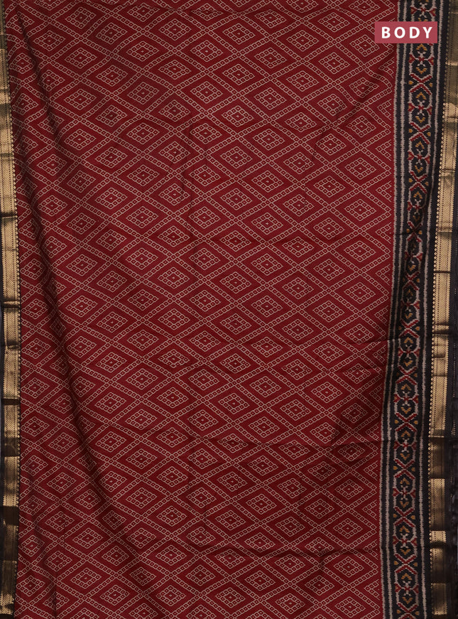 Semi maheshwari cotton saree maroon and black with allover geometric prints and ikat zari woven border