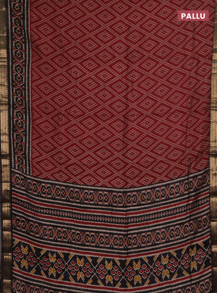 Semi maheshwari cotton saree maroon and black with allover geometric prints and ikat zari woven border