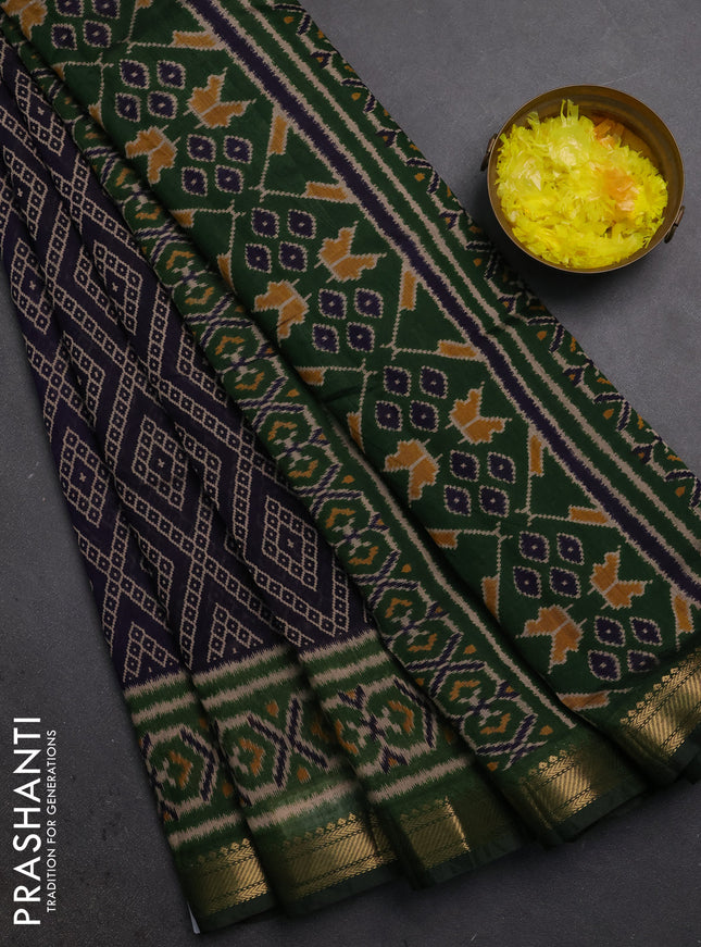 Semi maheshwari cotton saree navy blue and light green with allover geometric prints and ikat zari woven border