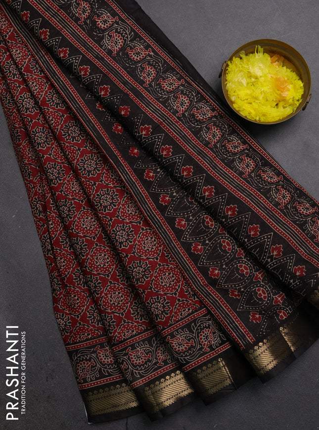Semi maheshwari cotton saree maroon and black with allover prints and zari woven border