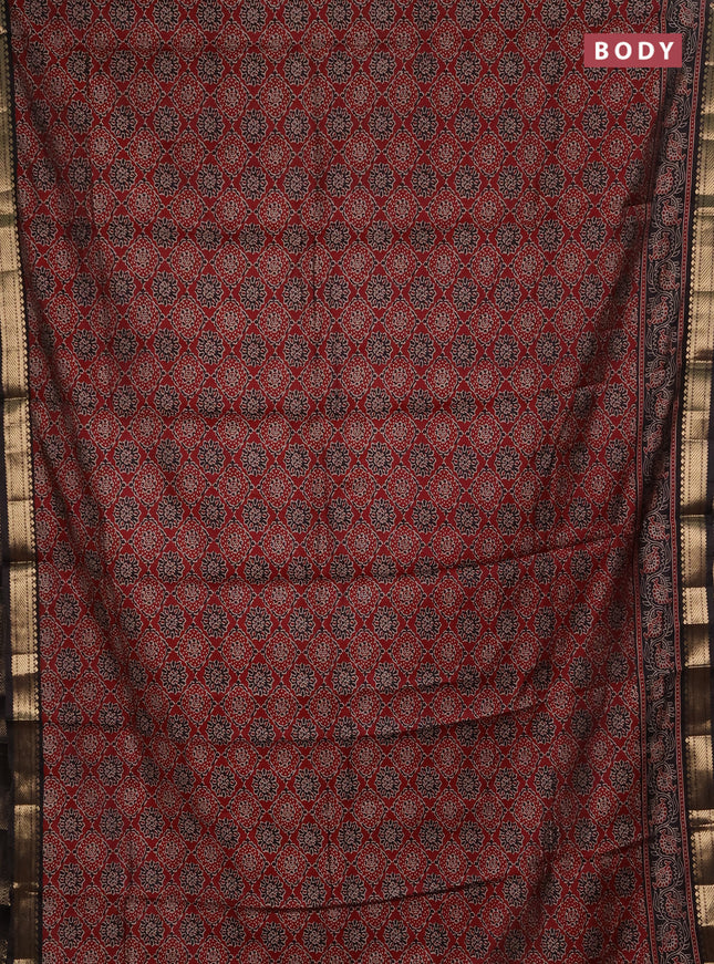Semi maheshwari cotton saree maroon and black with allover prints and zari woven border