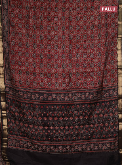 Semi maheshwari cotton saree maroon and black with allover prints and zari woven border