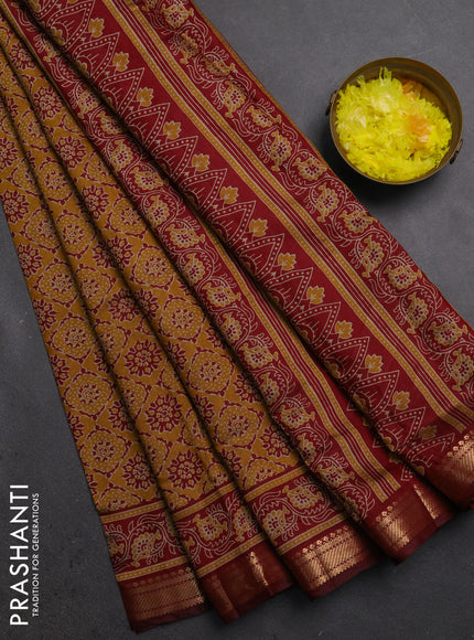 Semi maheshwari cotton saree mustard yellow and maroon with allover prints and zari woven border
