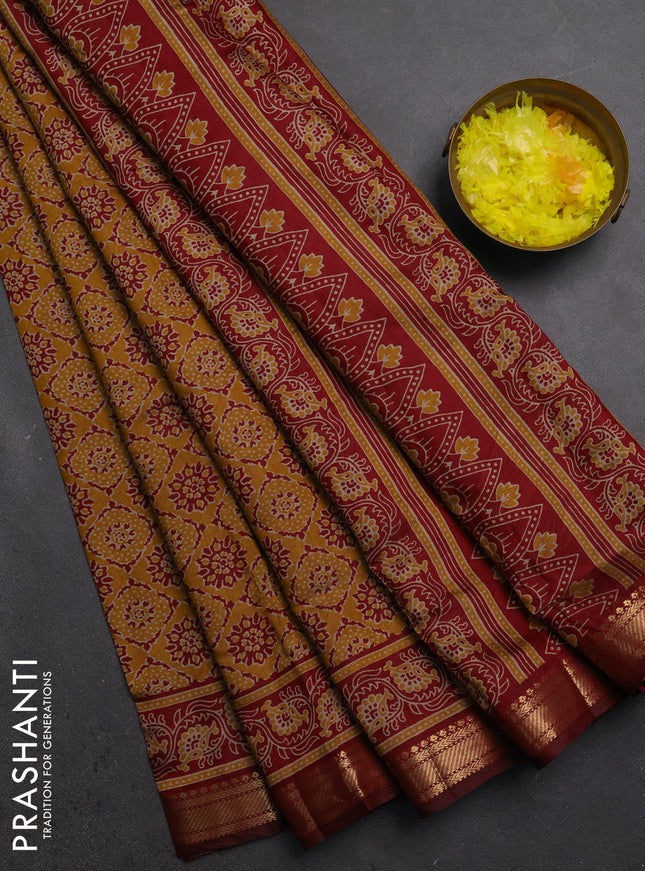Semi maheshwari cotton saree mustard yellow and maroon with allover prints and zari woven border