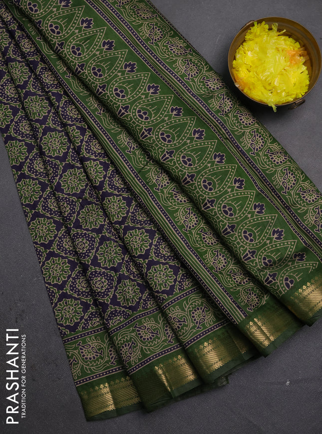 Semi maheshwari cotton saree navy blue and green with allover prints and zari woven border