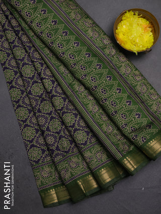 Semi maheshwari cotton saree navy blue and green with allover prints and zari woven border