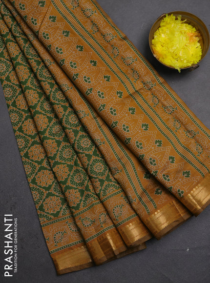 Semi maheshwari cotton saree green and mustard yellow with allover prints and zari woven border