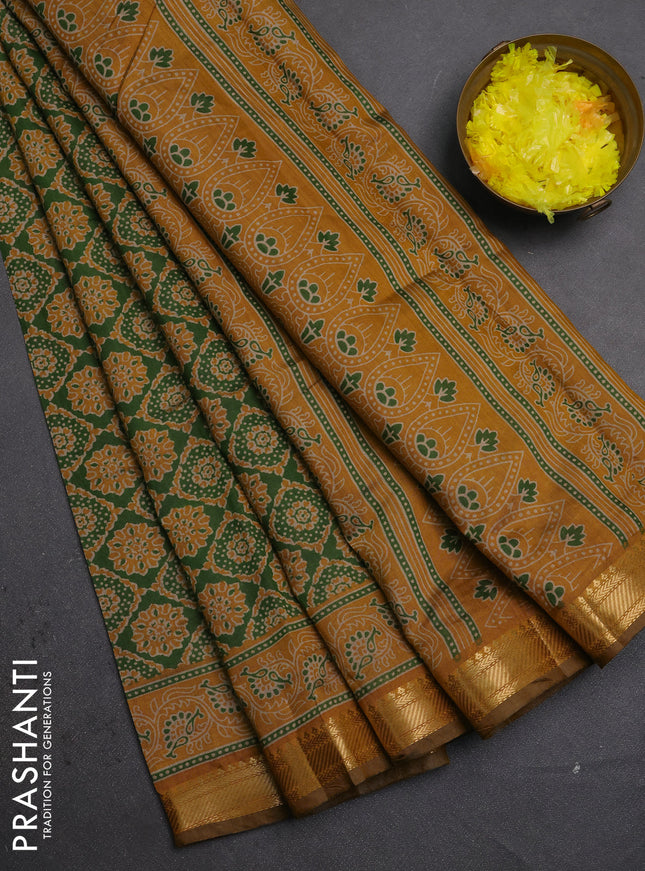 Semi maheshwari cotton saree green and mustard yellow with allover prints and zari woven border