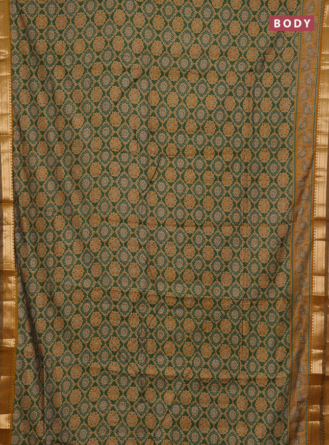 Semi maheshwari cotton saree green and mustard yellow with allover prints and zari woven border