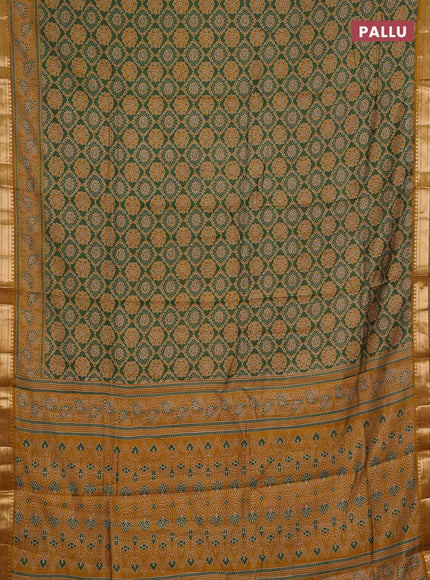 Semi maheshwari cotton saree green and mustard yellow with allover prints and zari woven border