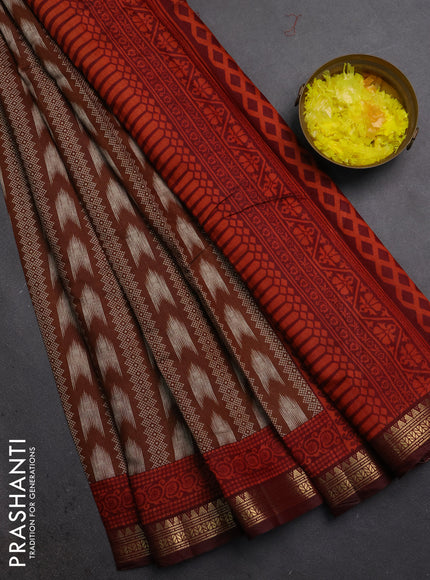 Semi maheshwari cotton saree coffee brown and maroon with allover prints and zari woven border
