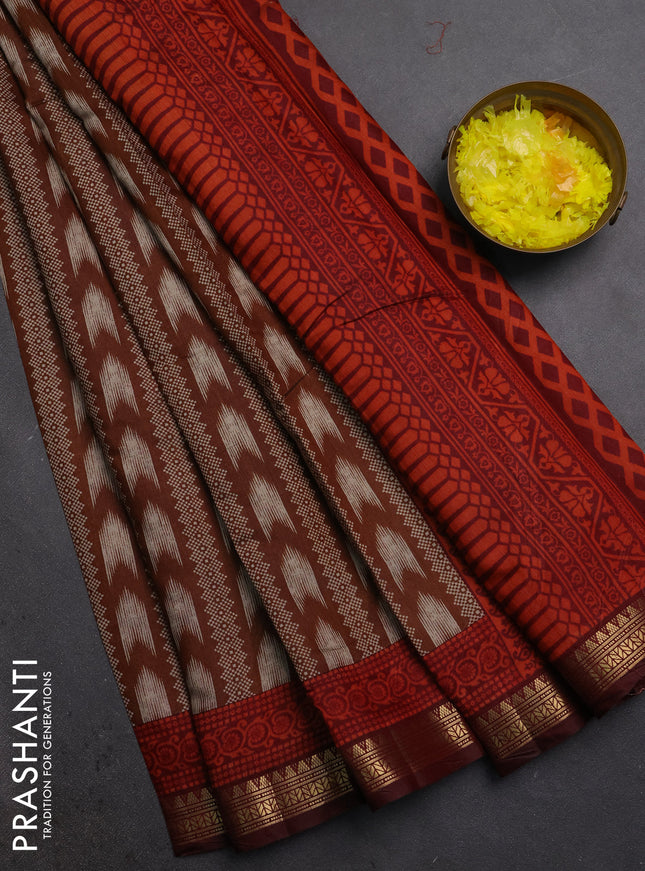Semi maheshwari cotton saree coffee brown and maroon with allover prints and zari woven border