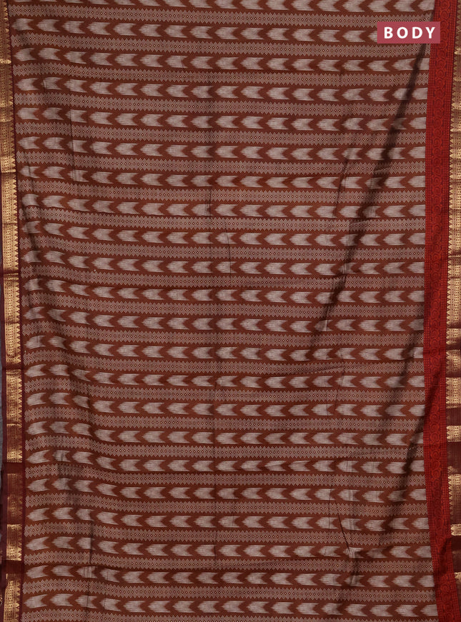 Semi maheshwari cotton saree coffee brown and maroon with allover prints and zari woven border