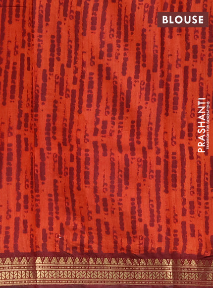 Semi maheshwari cotton saree coffee brown and maroon with allover prints and zari woven border