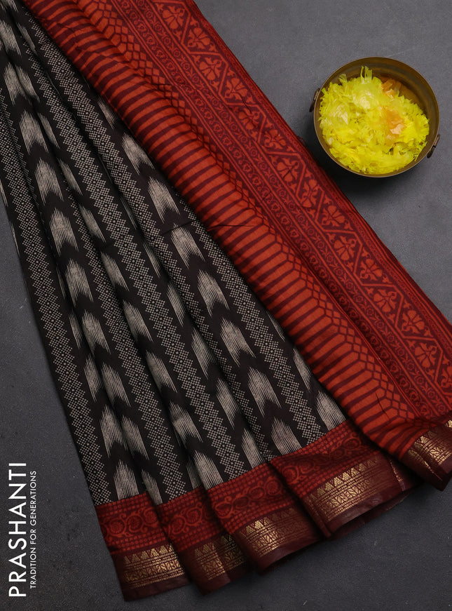 Semi maheshwari cotton saree black and maroon with allover prints and zari woven border