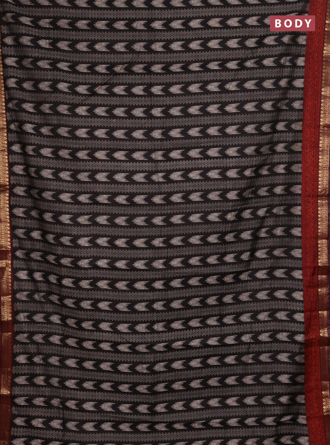 Semi maheshwari cotton saree black and maroon with allover prints and zari woven border