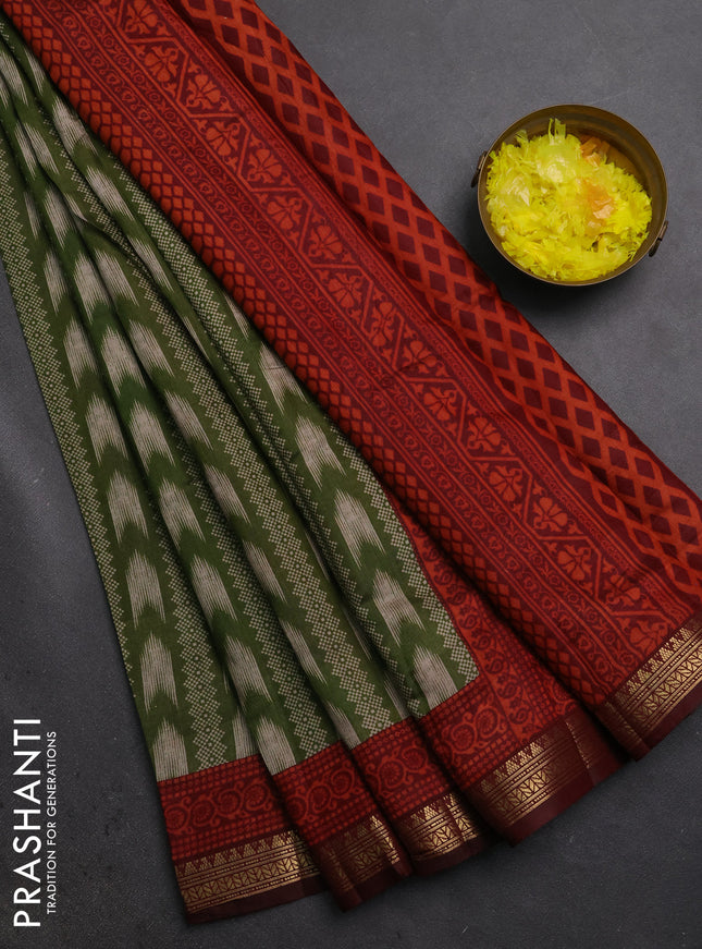 Semi maheshwari cotton saree green and maroon with allover prints and zari woven border