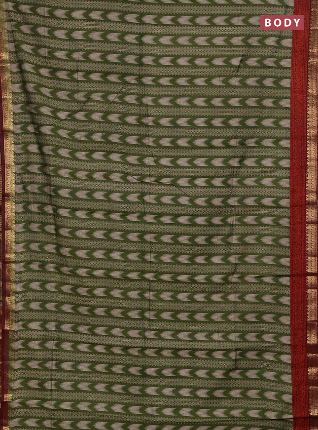 Semi maheshwari cotton saree green and maroon with allover prints and zari woven border