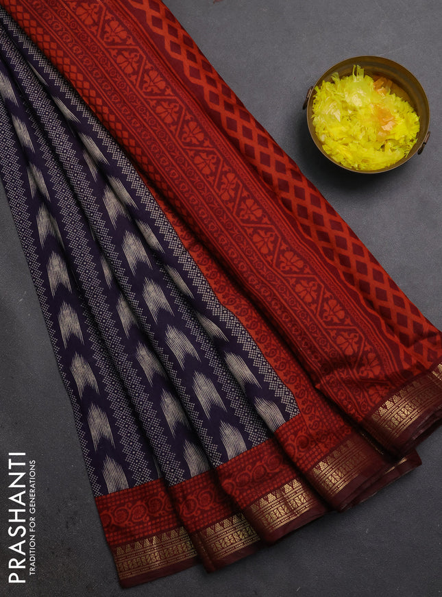 Semi maheshwari cotton saree navy blue and maroon with allover prints and zari woven border