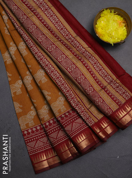 Semi maheshwari cotton saree mustard yellow and maroon with allover kalamkari prints and zari woven border