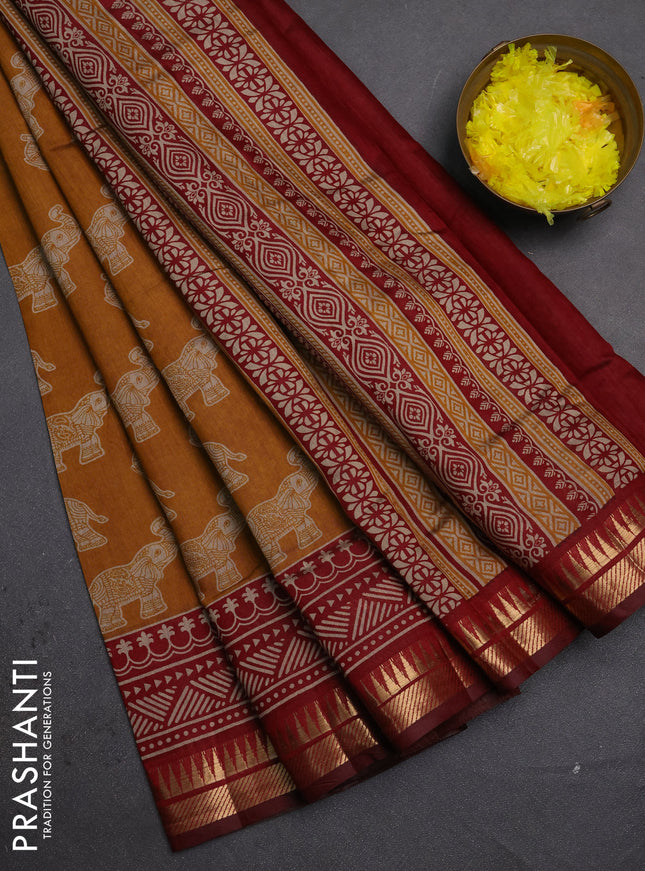 Semi maheshwari cotton saree mustard yellow and maroon with allover kalamkari prints and zari woven border