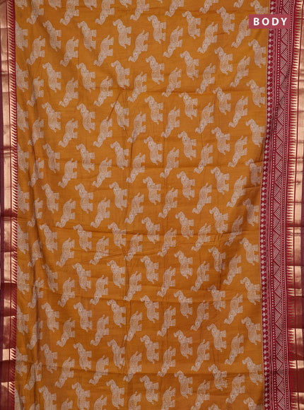 Semi maheshwari cotton saree mustard yellow and maroon with allover kalamkari prints and zari woven border