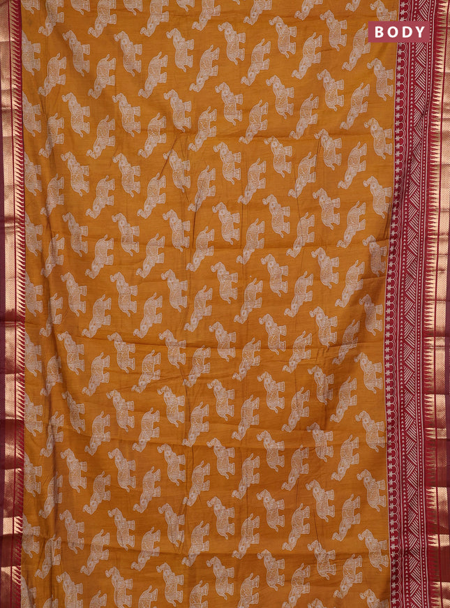 Semi maheshwari cotton saree mustard yellow and maroon with allover kalamkari prints and zari woven border