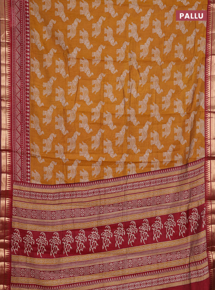 Semi maheshwari cotton saree mustard yellow and maroon with allover kalamkari prints and zari woven border