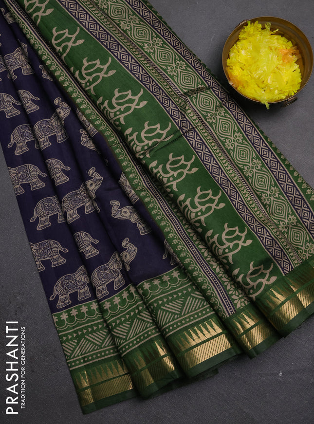 Semi maheshwari cotton saree navy blue and green with allover kalamkari prints and zari woven border
