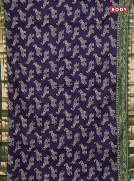 Semi maheshwari cotton saree navy blue and green with allover kalamkari prints and zari woven border