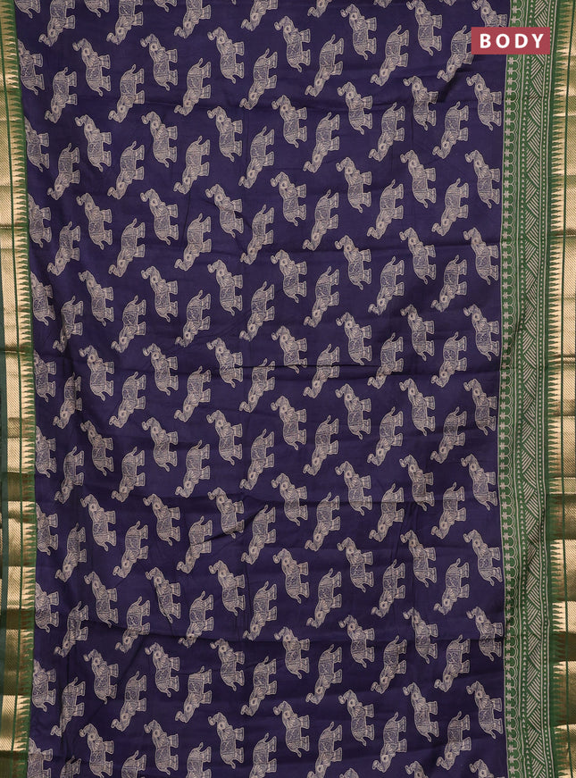 Semi maheshwari cotton saree navy blue and green with allover kalamkari prints and zari woven border