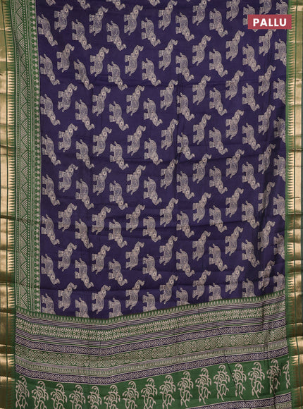 Semi maheshwari cotton saree navy blue and green with allover kalamkari prints and zari woven border