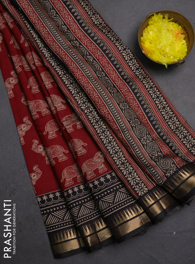 Semi maheshwari cotton saree maroon and black with allover kalamkari prints and zari woven border