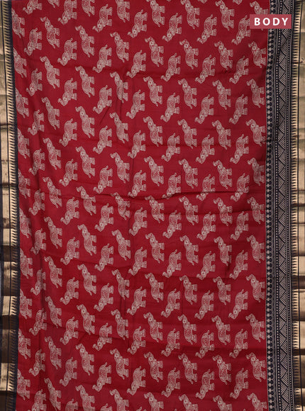 Semi maheshwari cotton saree maroon and black with allover kalamkari prints and zari woven border