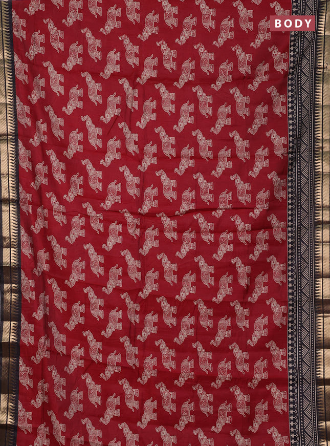 Semi maheshwari cotton saree maroon and black with allover kalamkari prints and zari woven border